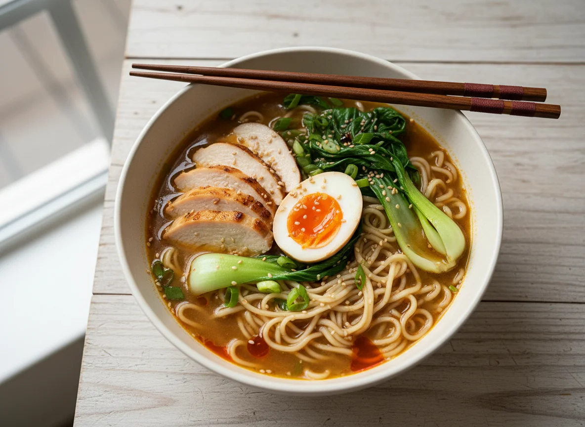 Hühner-Ramen mit Ei und Pak Choi photo