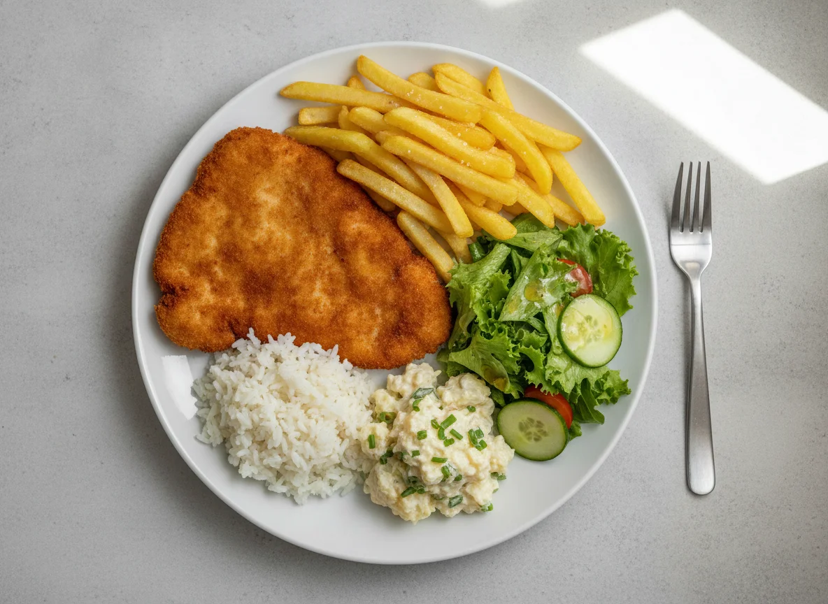 Hühnerschnitzel mit Pommes, Reis und Salat photo