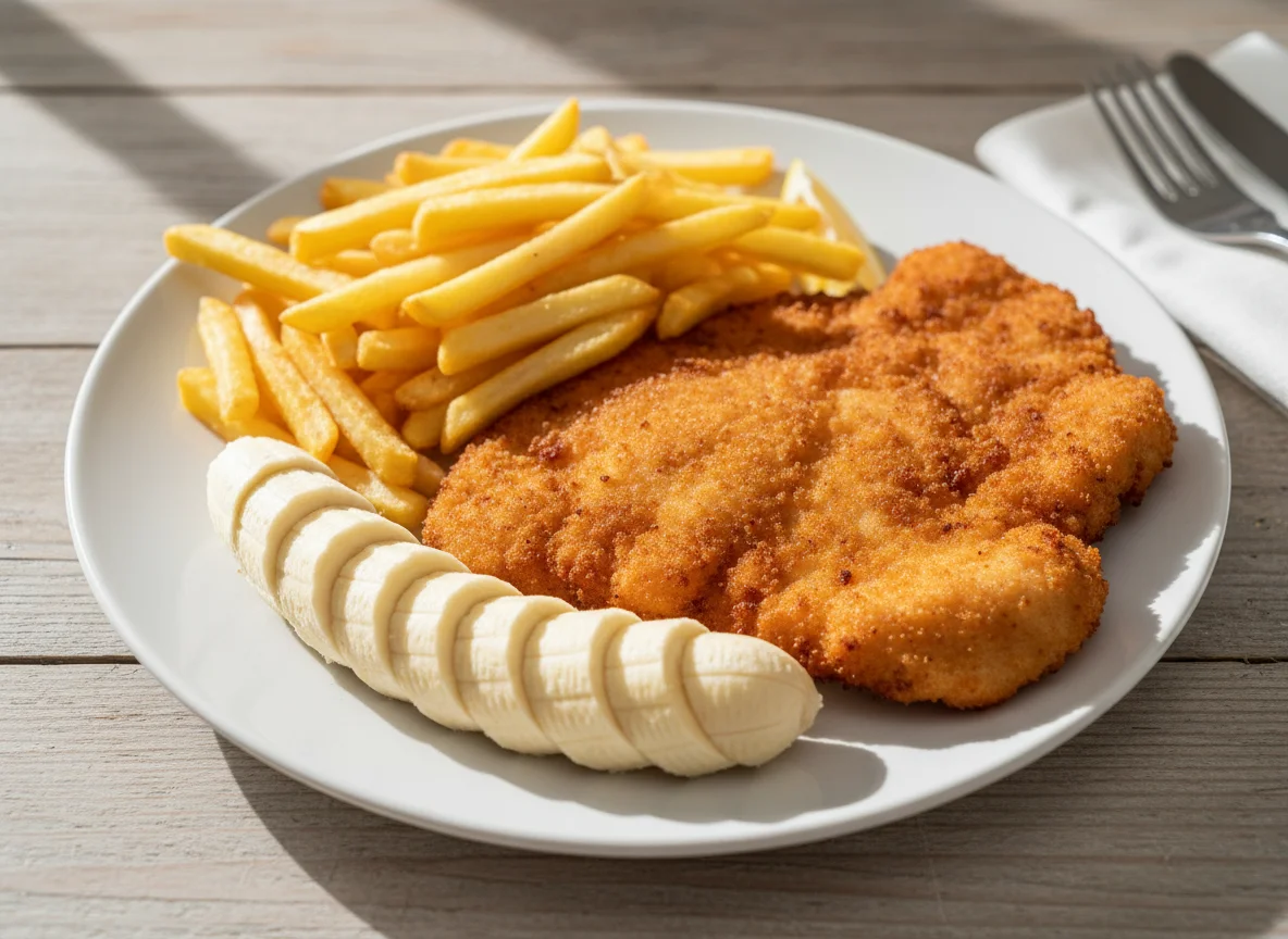 Hühnerschnitzel mit Pommes und Banane photo