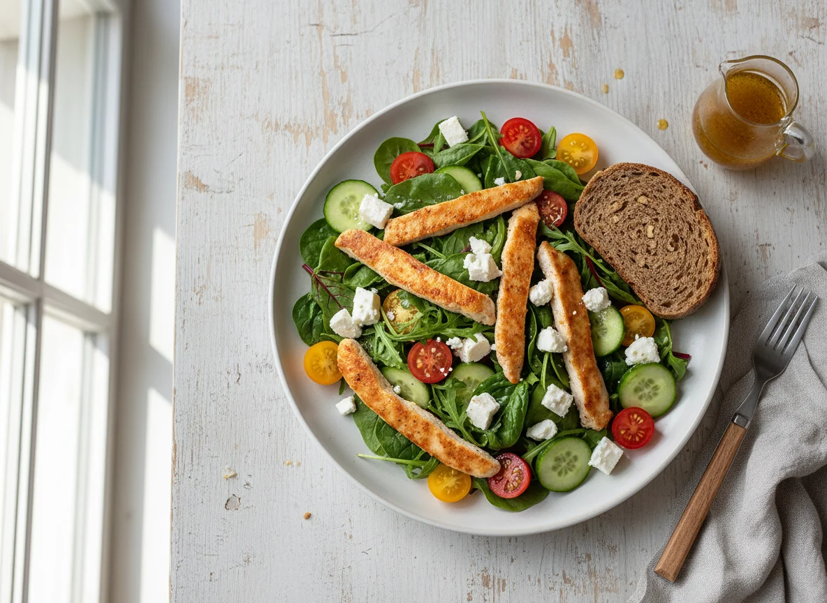 Hühnerstreifensalat mit Walnussbrot photo