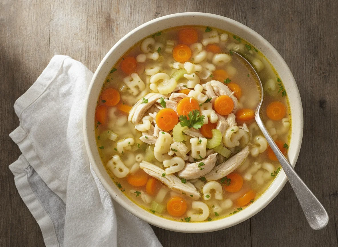 Hühnersuppe mit Buchstabennudeln photo