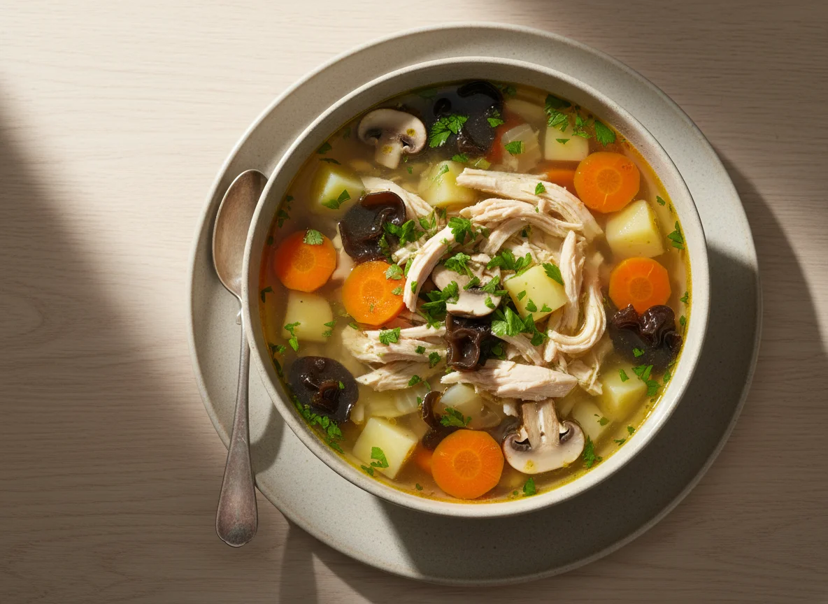 Hühnersuppe mit Gemüse und Pilzen photo