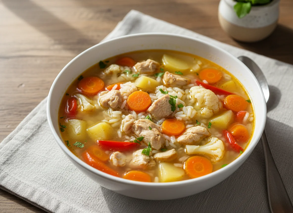 Hühnersuppe mit Gemüse und Reis photo