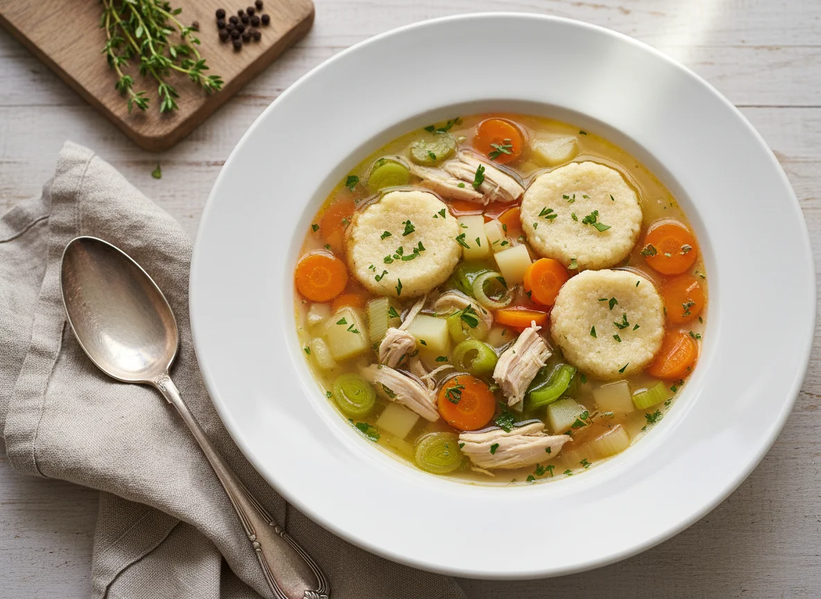 Hühnersuppe mit Grießnockerl und Gemüse photo