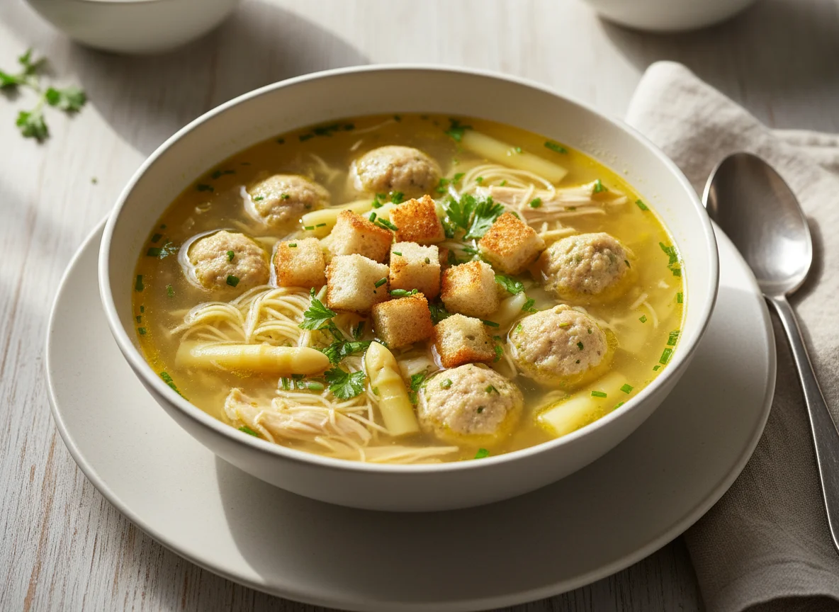 Hühnersuppe mit Klößchen und Croutons photo