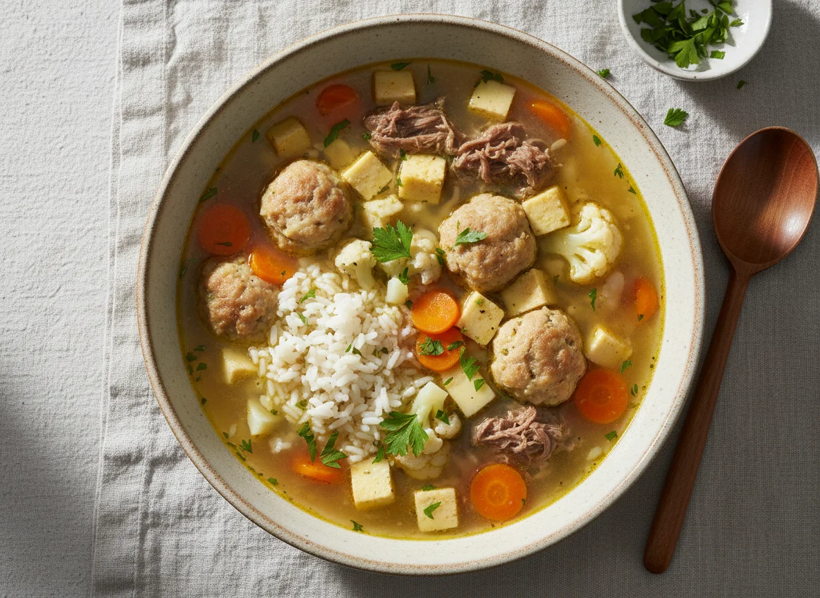 Hühnersuppe mit Klößchen und Rindfleisch photo
