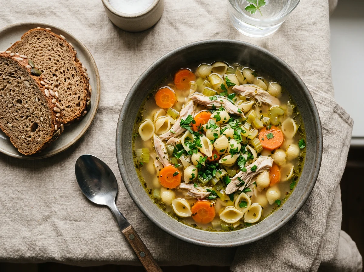 Hühnersuppe mit Nudeln und Brot photo