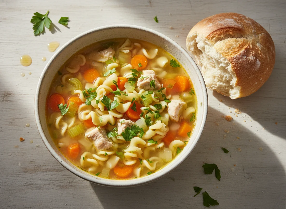Hühnersuppe mit Nudeln und Brötchen photo