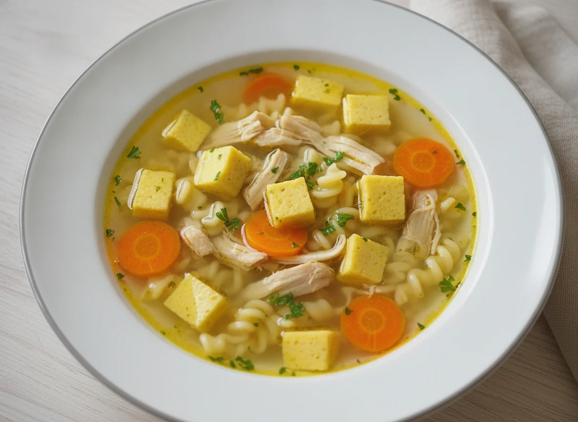 Hühnersuppe mit Nudeln und Eierstich photo