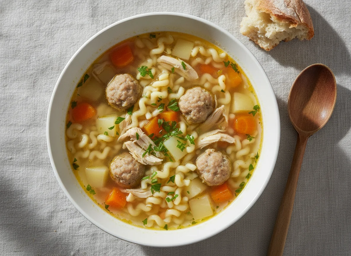 Hühnersuppe mit Nudeln und Fleischklößchen photo