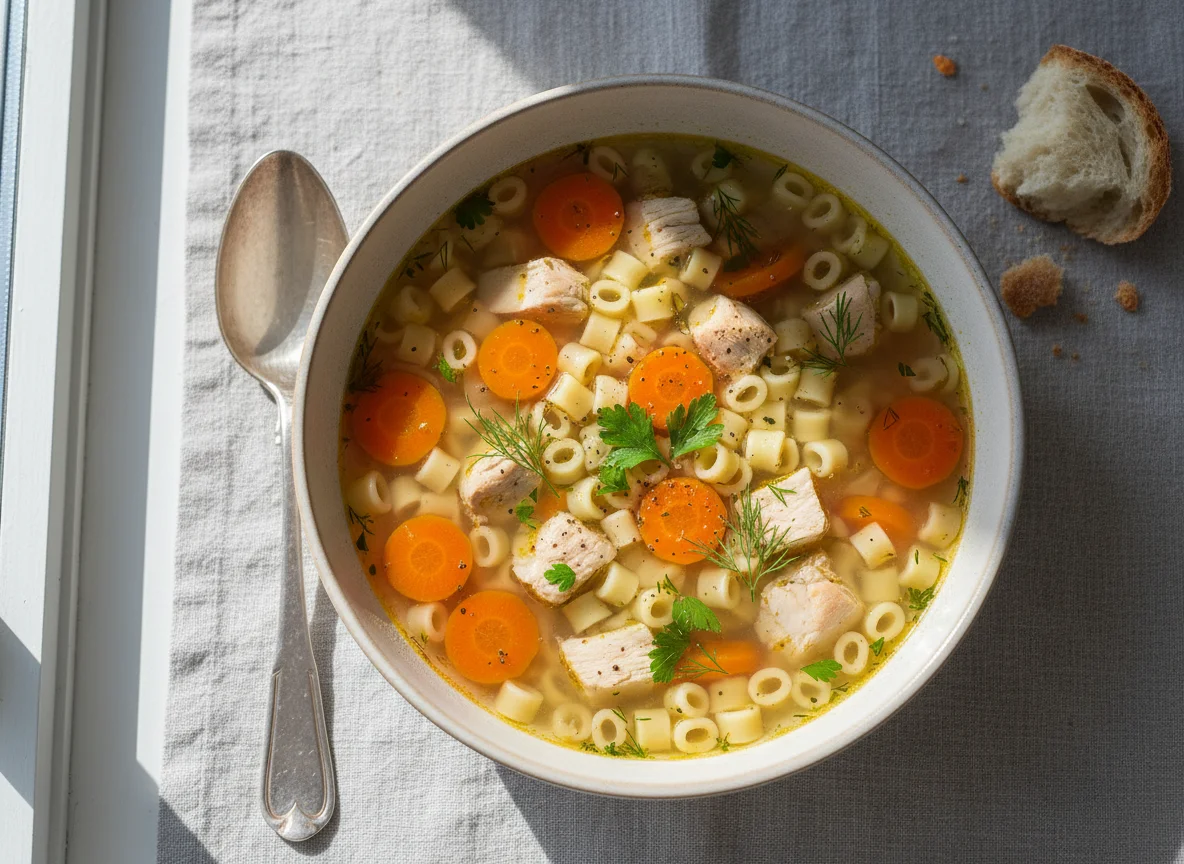 Hühnersuppe mit Nudeln und Karotten photo
