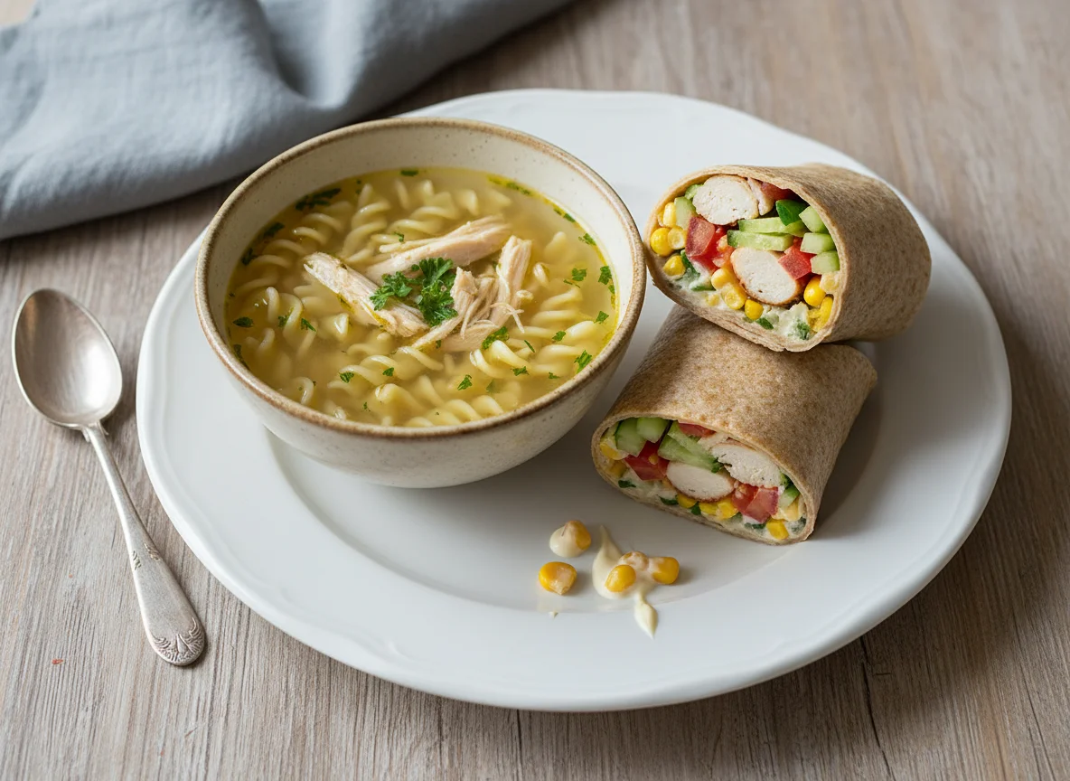 Hühnersuppe und Hühner-Gemüse-Wrap photo