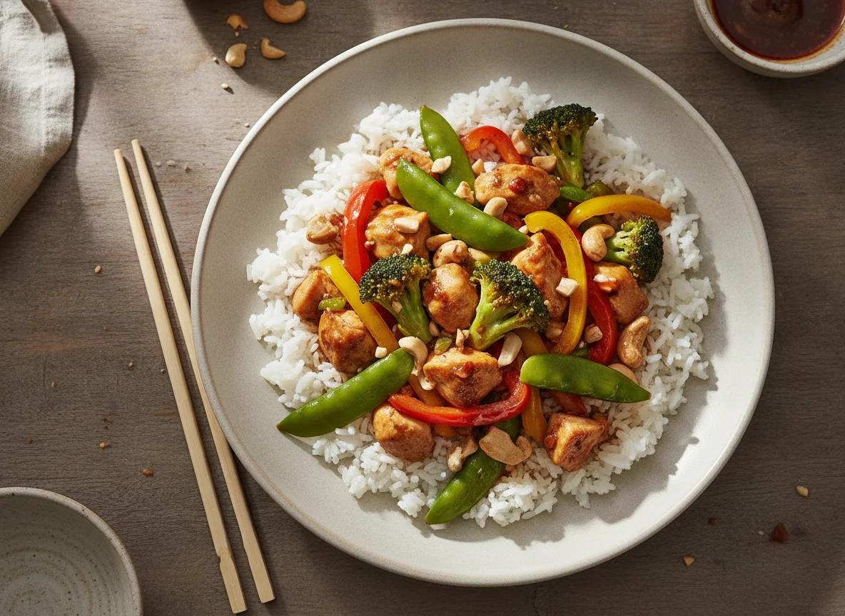 Hühner-Wok mit Reis und Gemüse photo