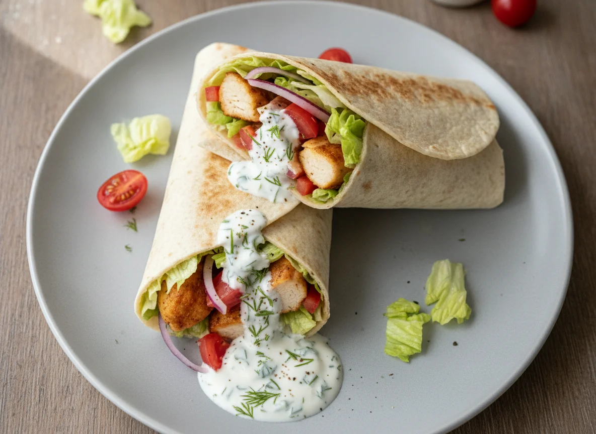 Hühner-Wrap mit Gemüse und Joghurtsauce photo