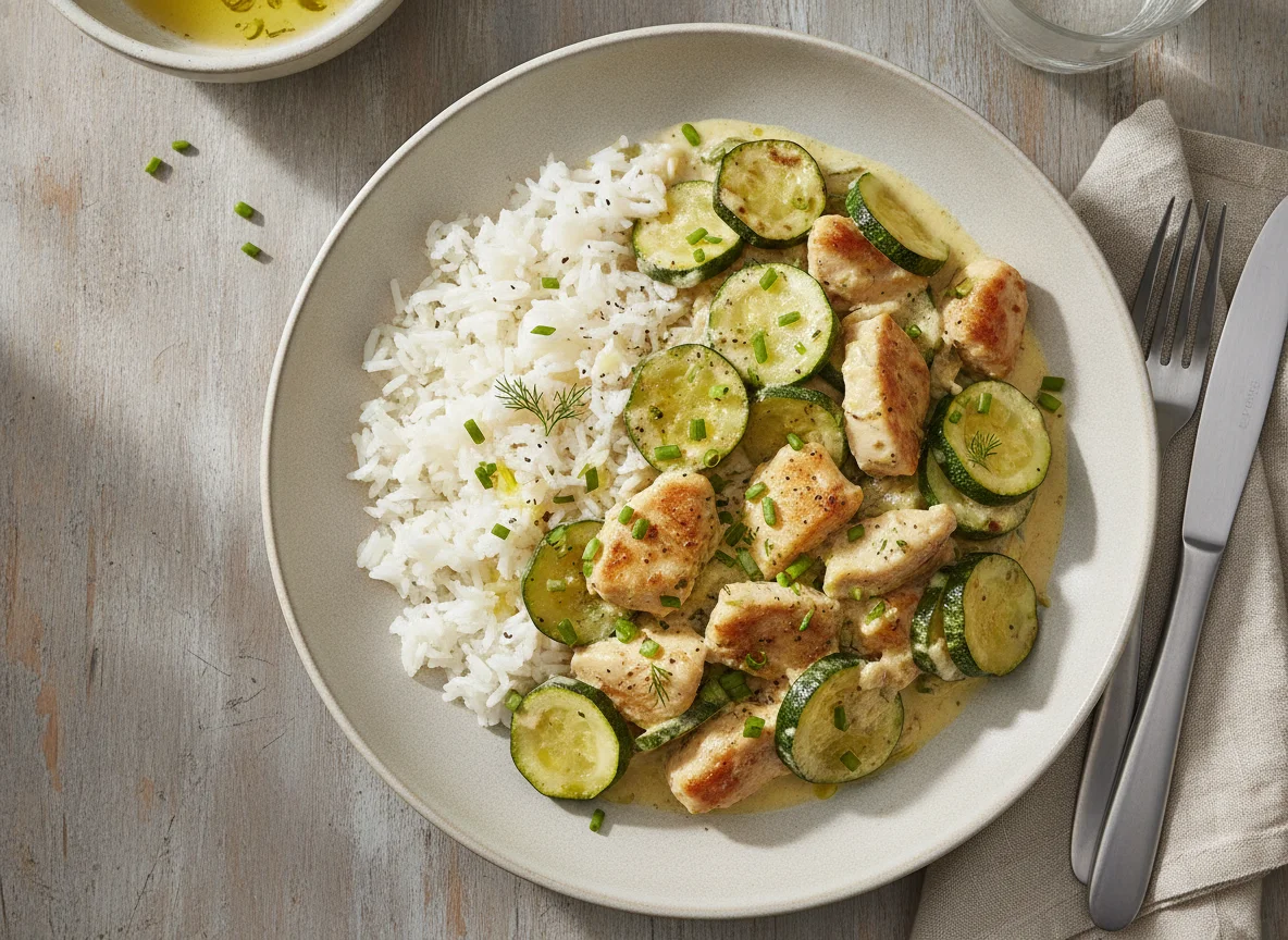 Hühner-Zucchini-Pfanne mit Reis photo