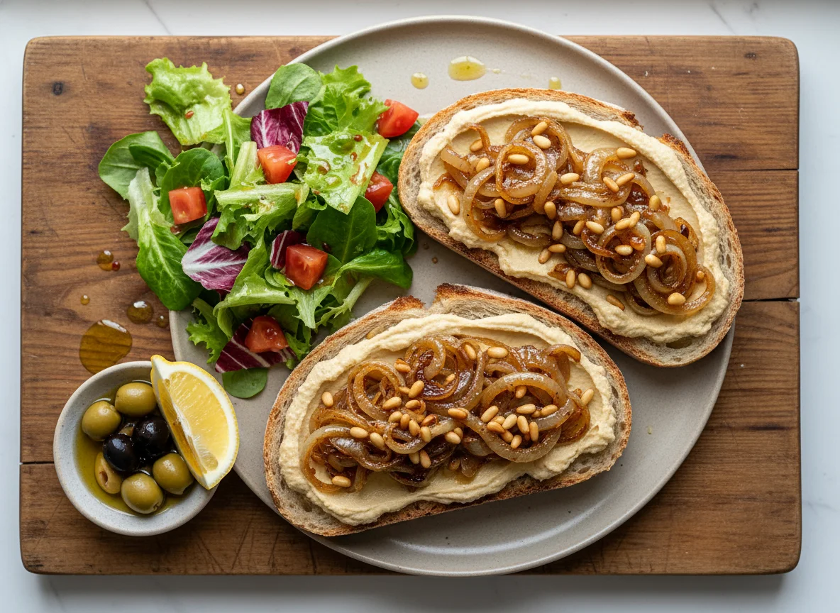 Hummus-Brot mit karamellisierten Zwiebeln und Salat photo