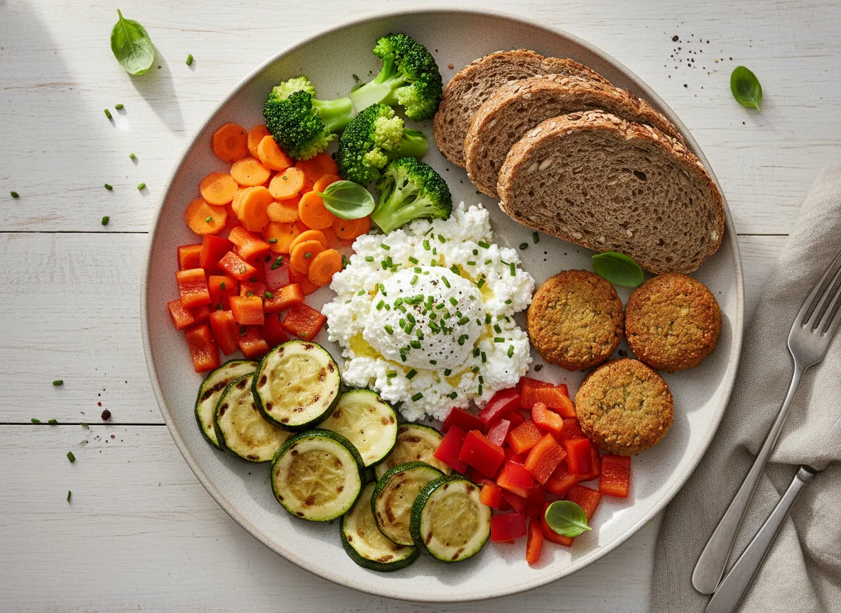 Hüttenkäse, Brot, Falafel und Gemüse photo