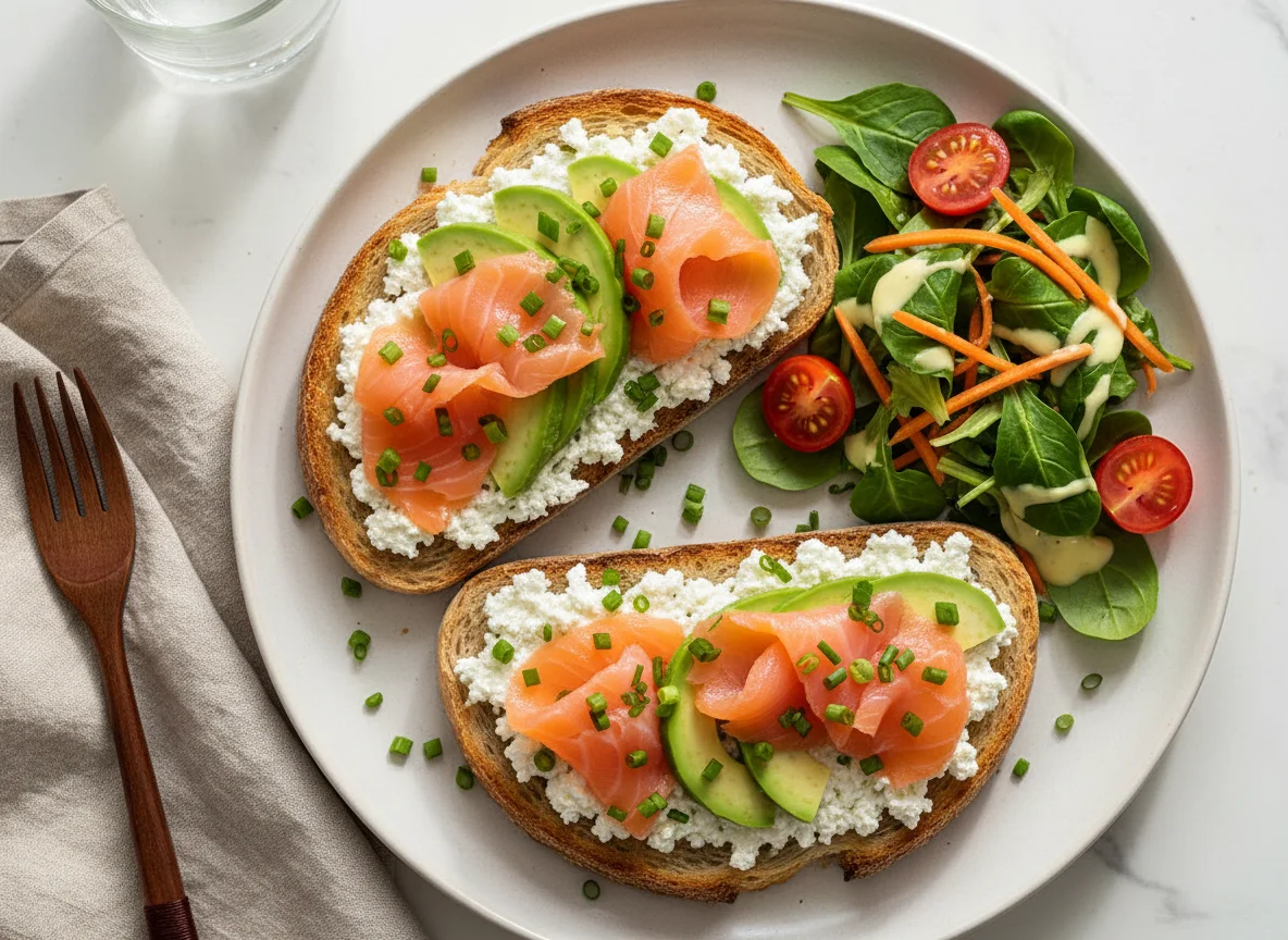 Hüttenkäse Lachs Avocado Toast mit Salat photo