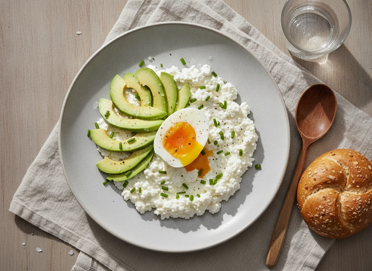 Hüttenkäse mit Avocado und Ei photo