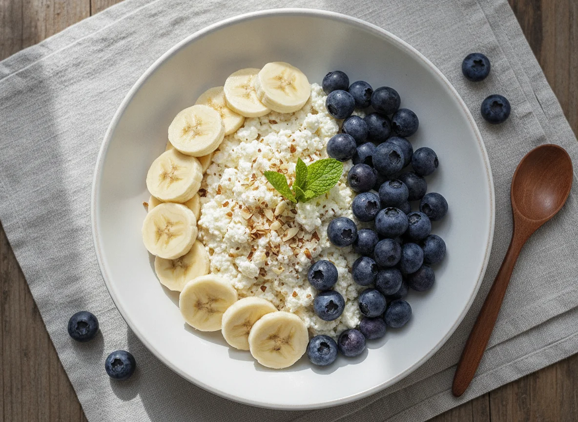 Hüttenkäse mit Banane und Blaubeeren photo