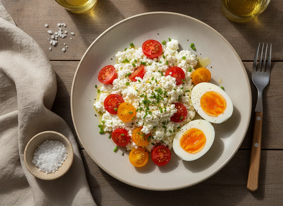 Hüttenkäse mit Tomaten und gekochten Eiern photo