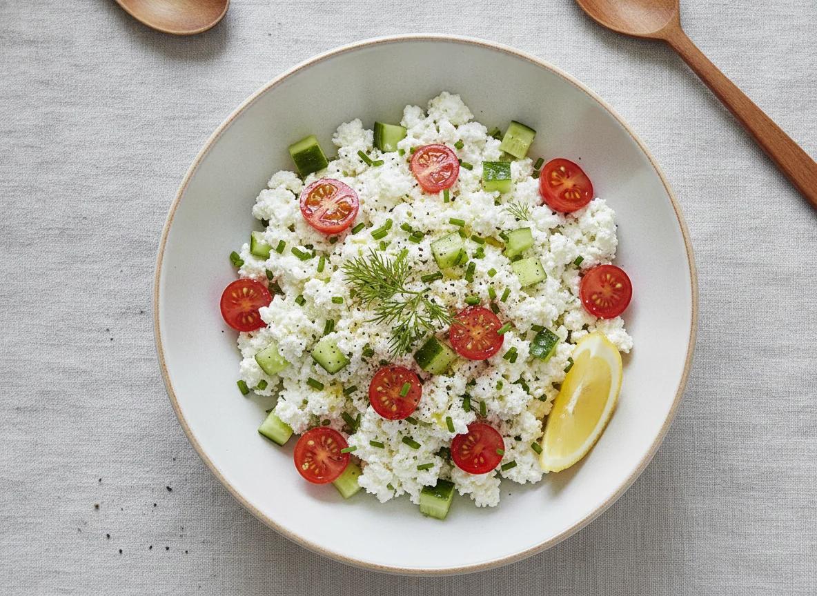 Hüttenkäse-Salat mit Gurke und Tomate photo