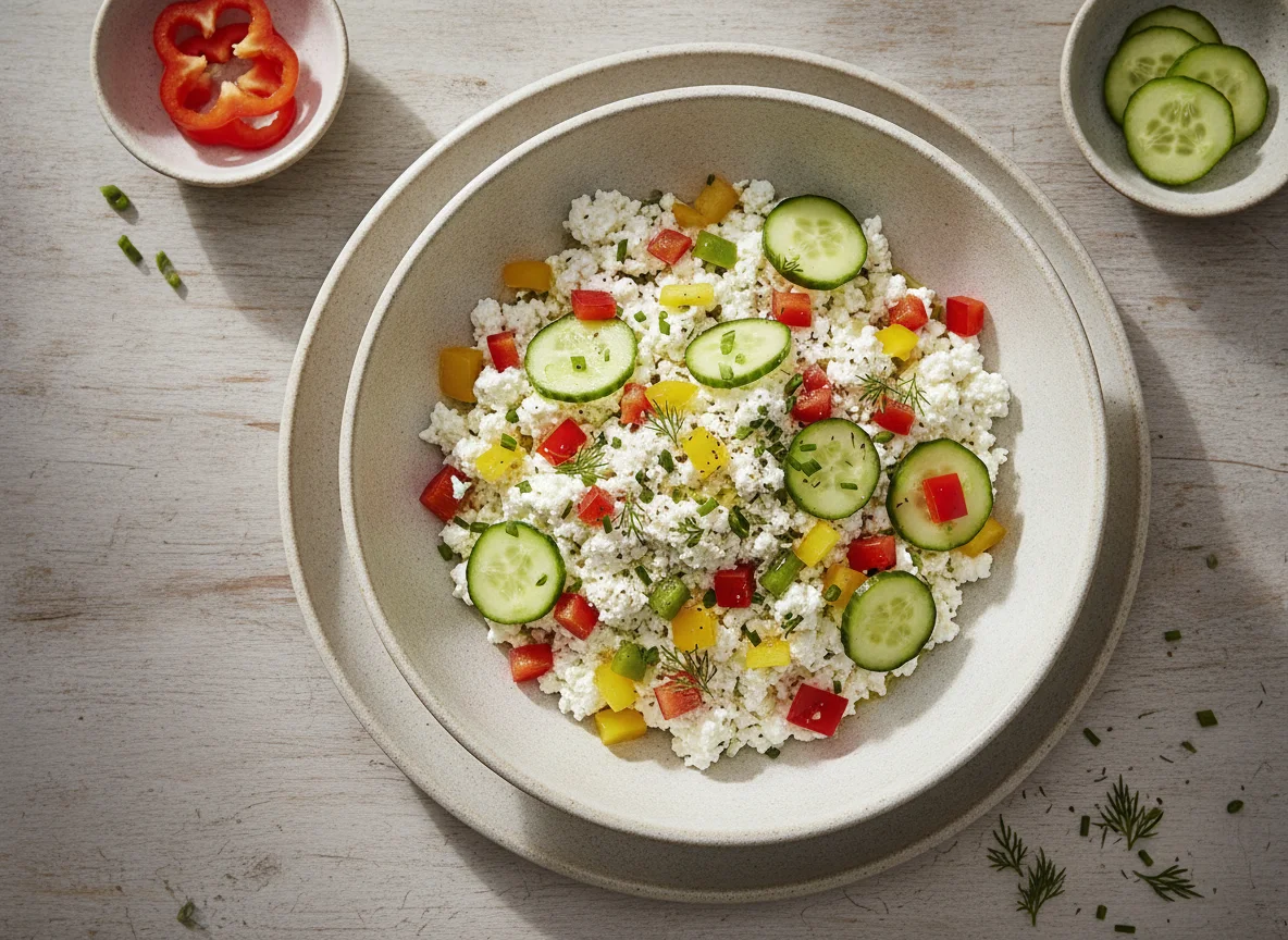 Hüttenkäse-Salat mit Paprika und Gurke photo