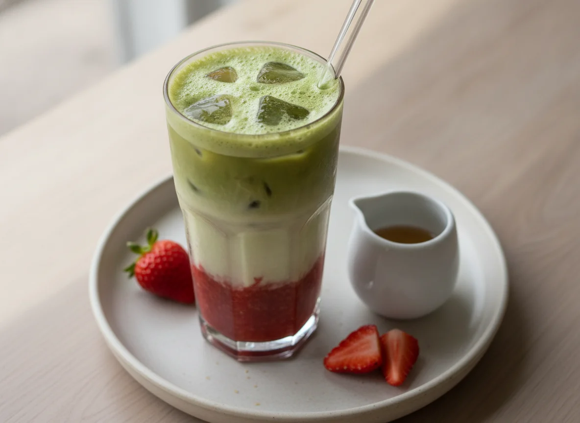 Iced Matcha Latte mit Erdbeerpüree photo