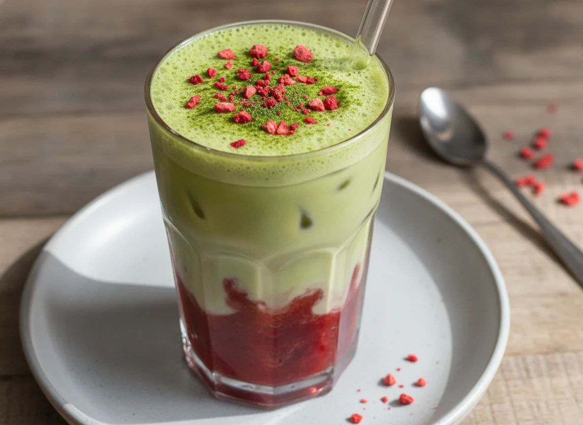 Iced Matcha Latte mit Erdbeersirup photo