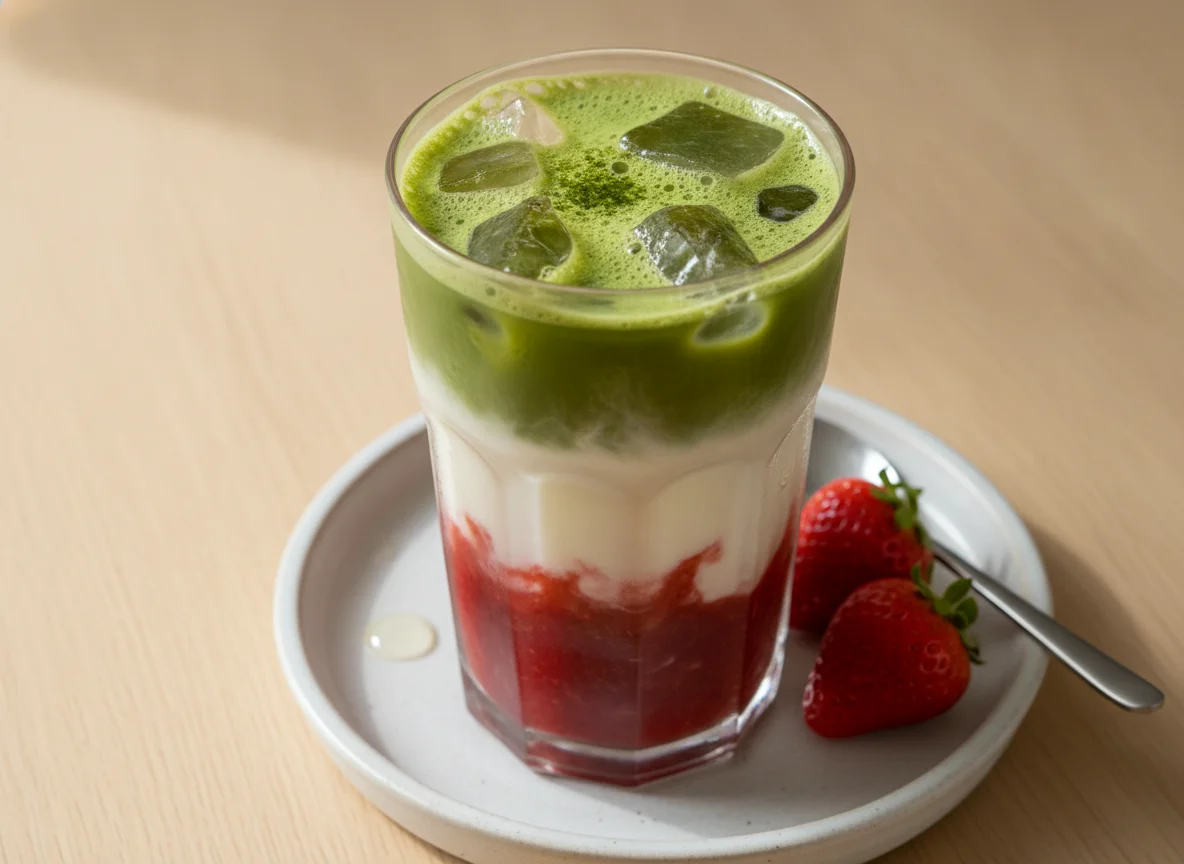 Iced Matcha Latte mit Fruchtpüree photo