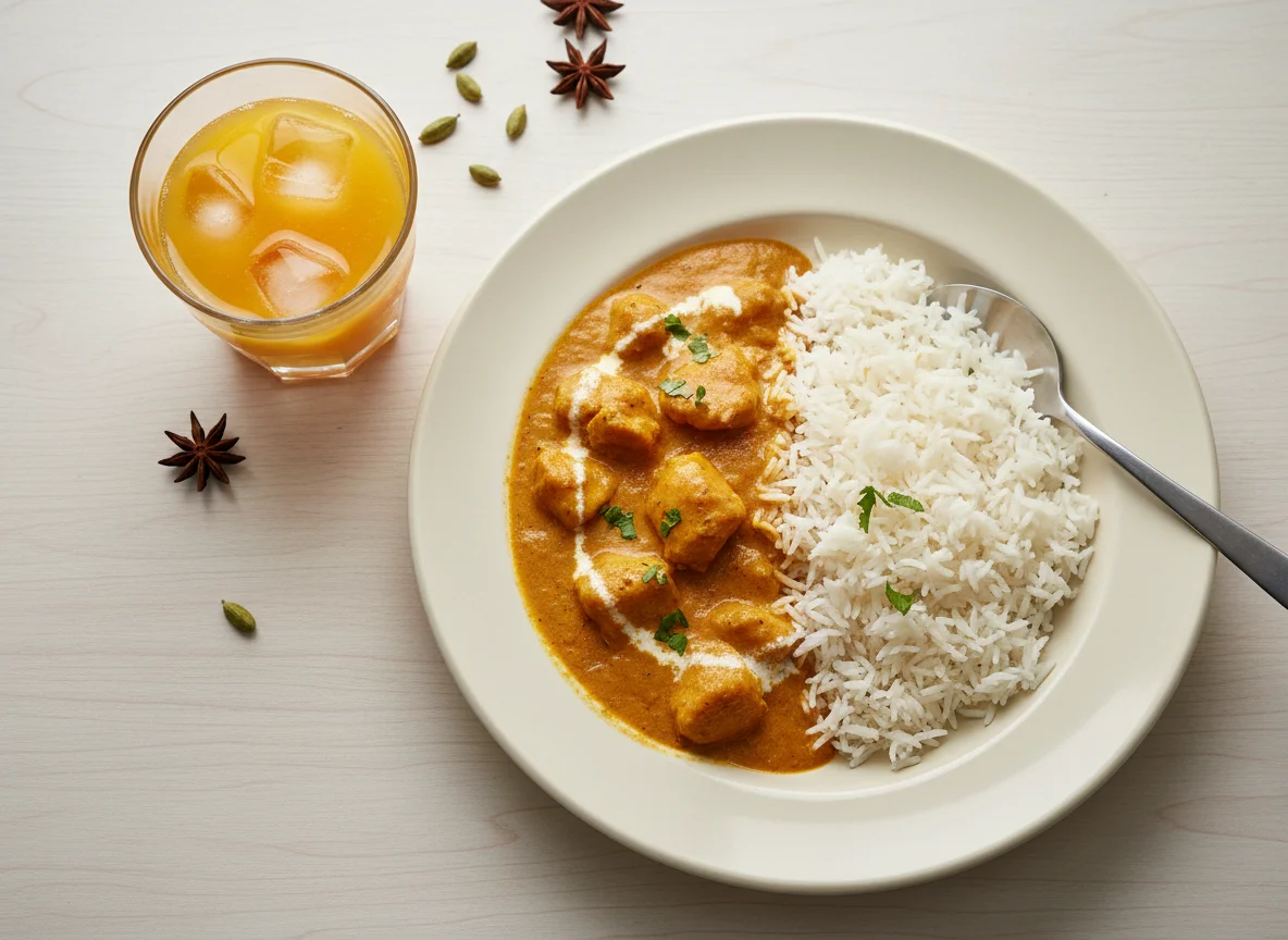 Indisches Curry mit Reis und Saft photo