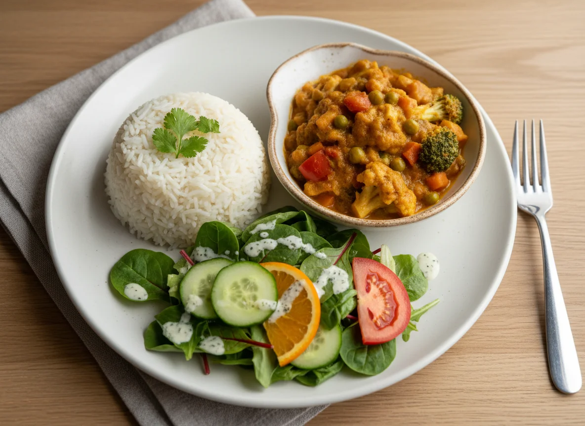 Indisches Curry mit Reis und Salat photo