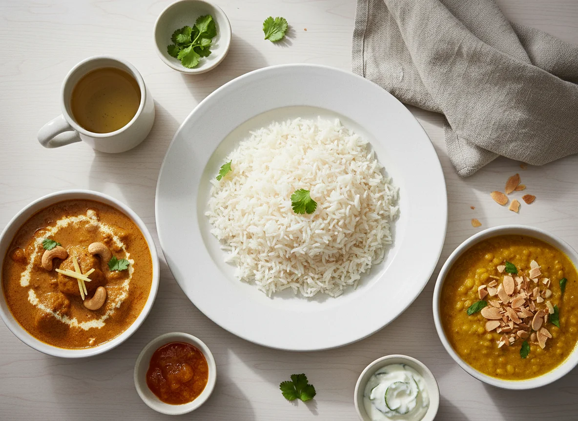Indisches Curry-Gericht mit Reis und Saucen photo