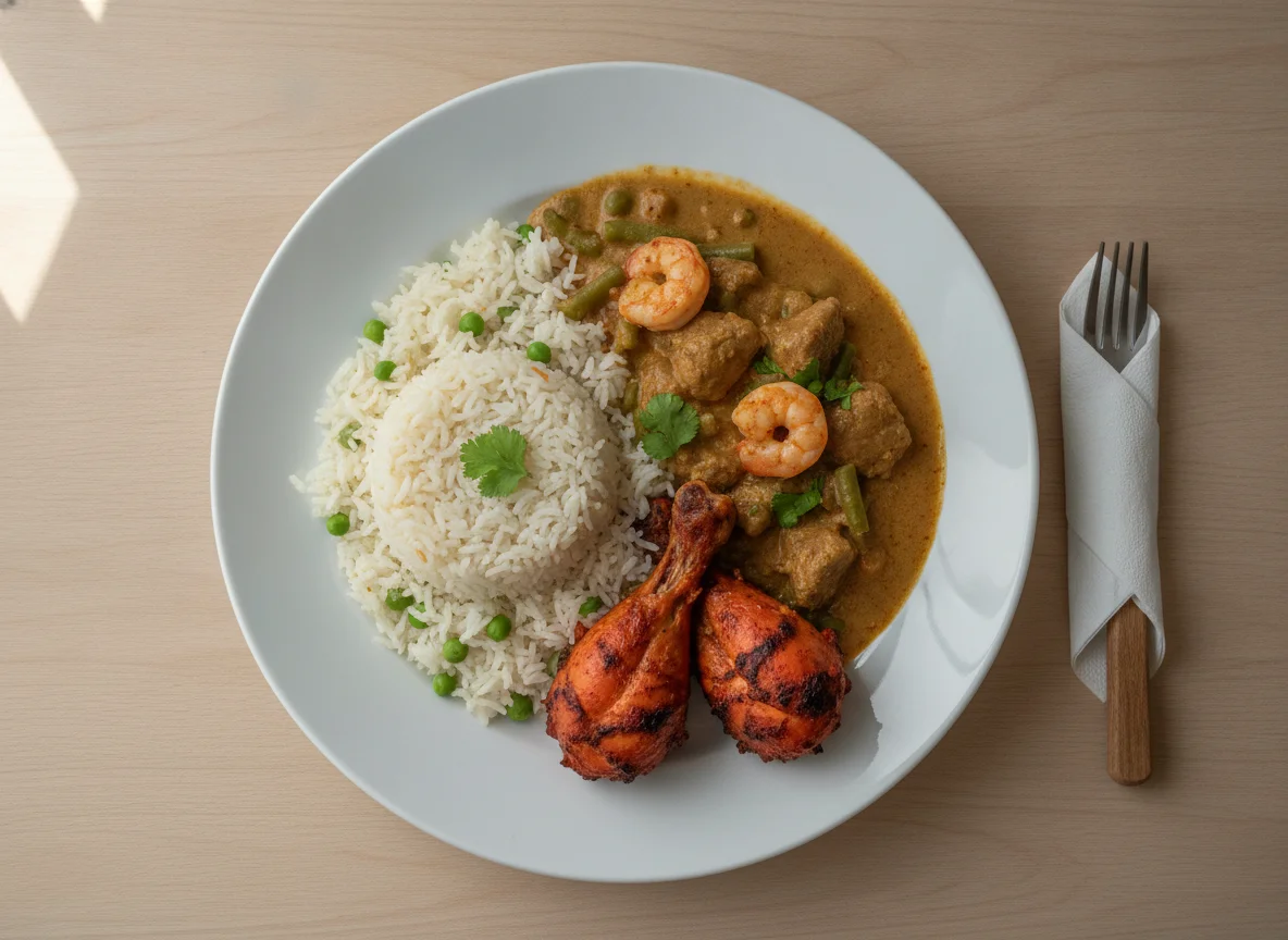 Indisches Gericht mit Reis, Curry und Tandoori-Hähnchen photo