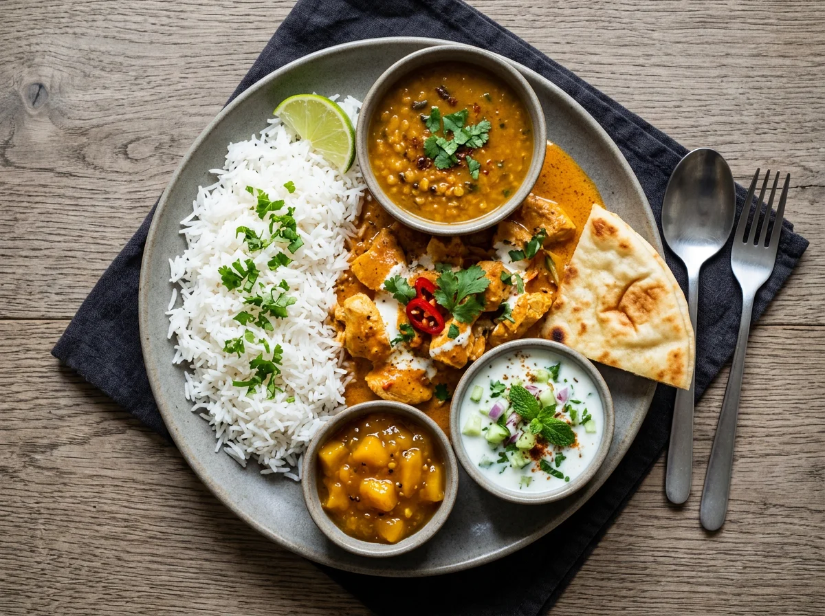 Indisches Hähnchen-Curry mit Reis und Beilagen photo