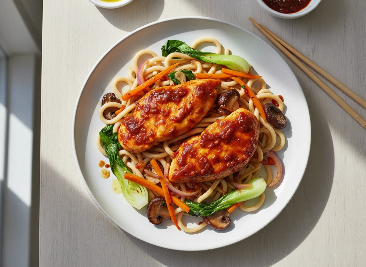 Indonesisches Sambal-Hoisin-Hähnchen auf Udon-Nudeln mit Wok-Gemüse photo