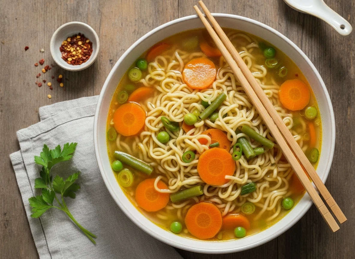 Instant-Nudelsuppe mit Gemüse photo