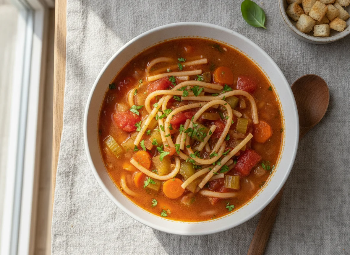 Italienische Minestrone mit Gemüse und Nudeln photo