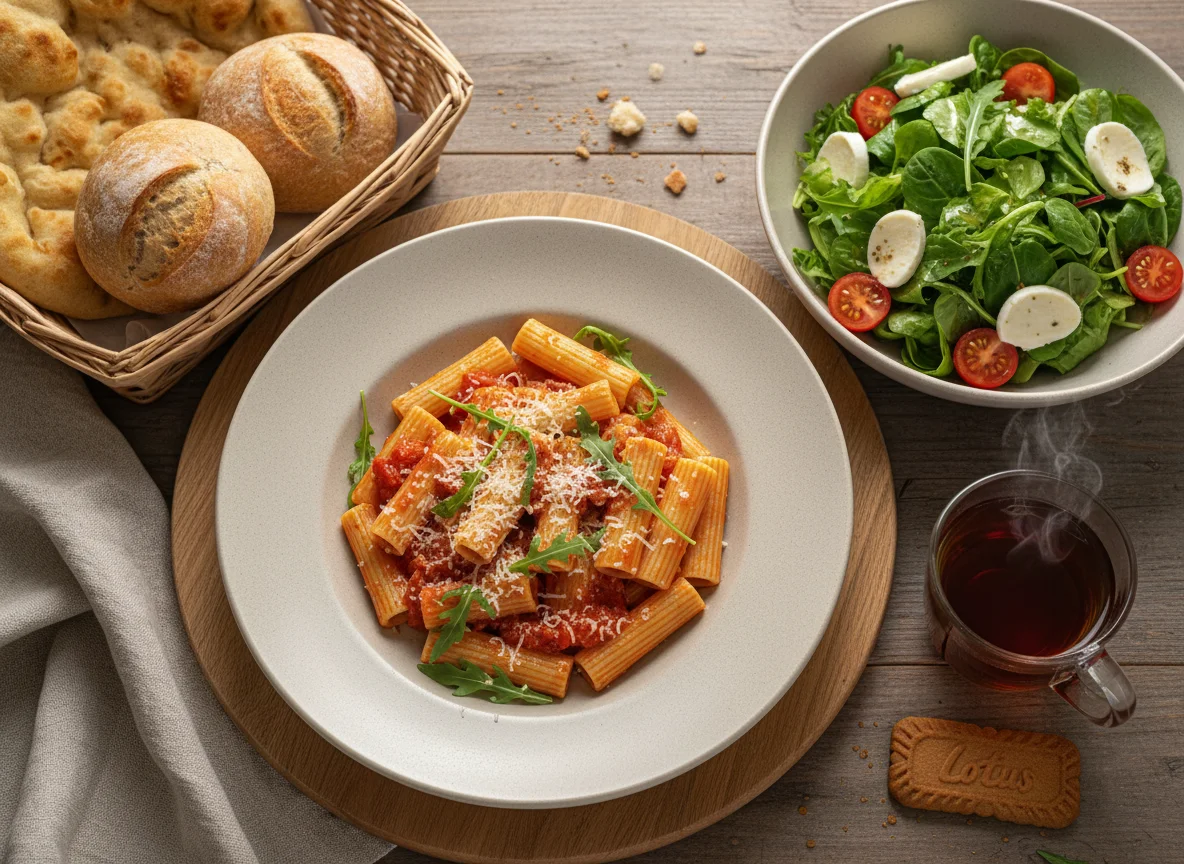 Italienisches Abendessen mit Pasta, Salat und Brot photo