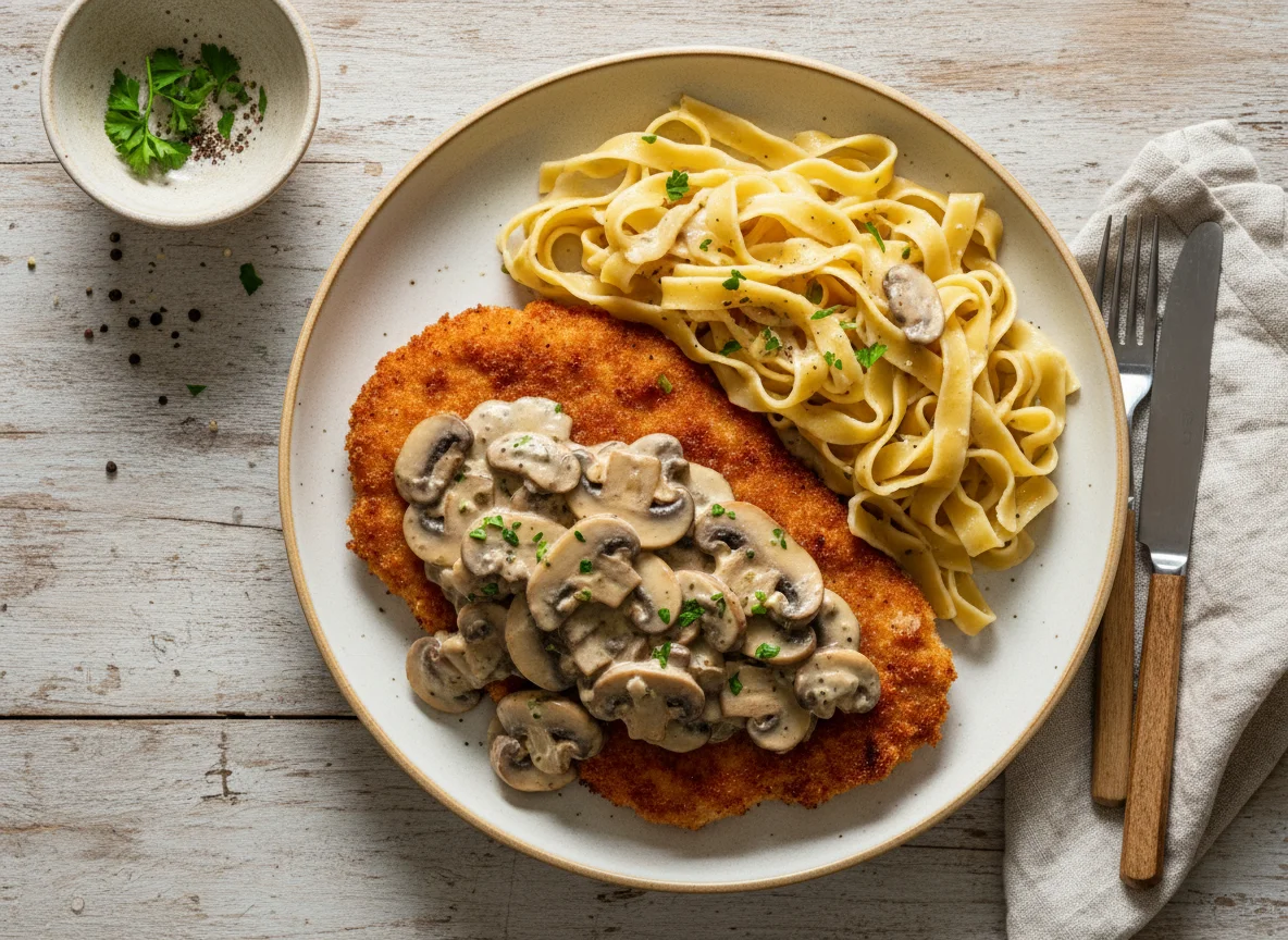 Jägerschnitzel mit Bandnudeln photo