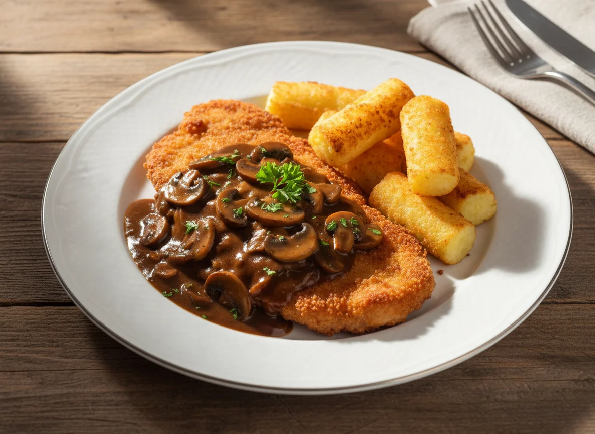 Jägerschnitzel mit Kroketten photo