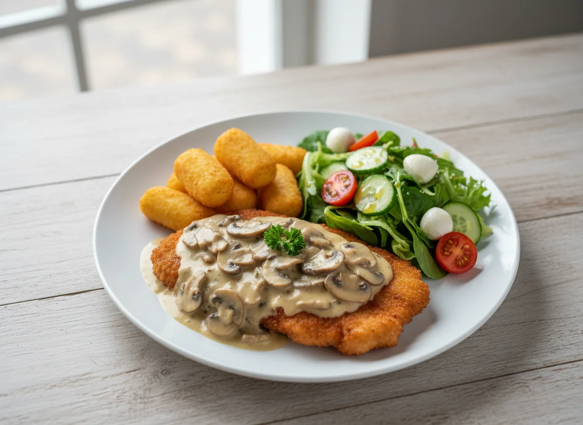 Jägerschnitzel mit Kroketten und Beilagensalat photo
