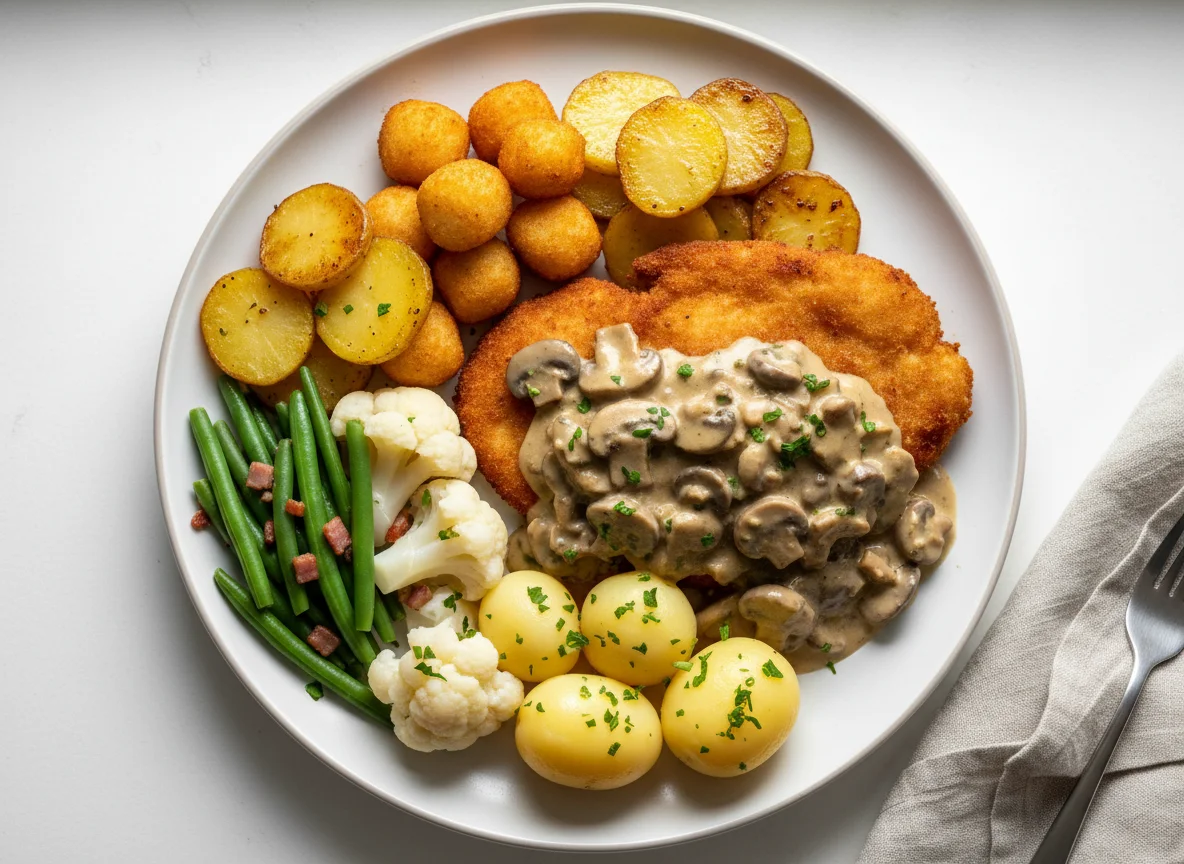 Jägerschnitzel mit Kroketten und Gemüse photo