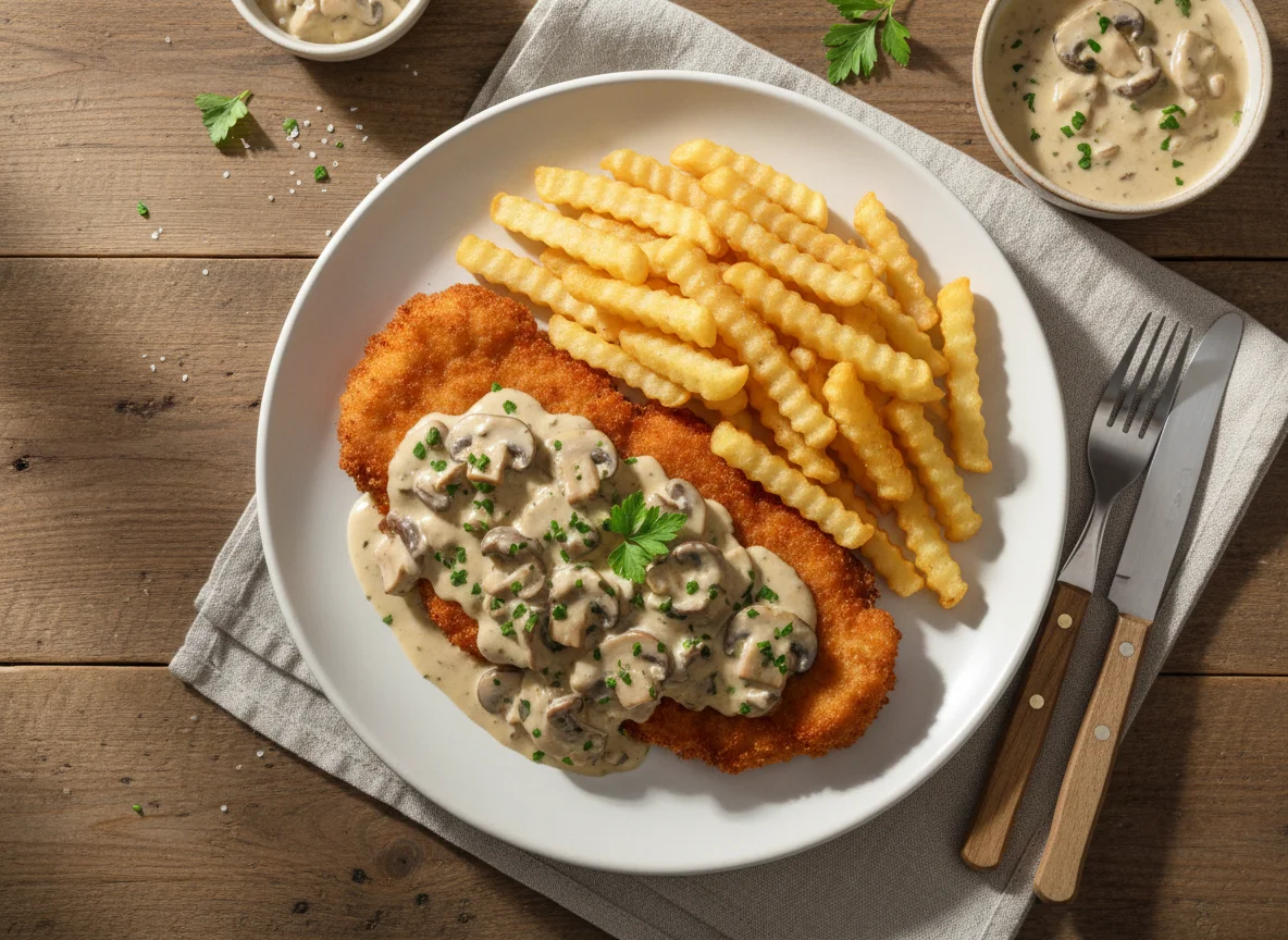 Jägerschnitzel mit Pommes photo