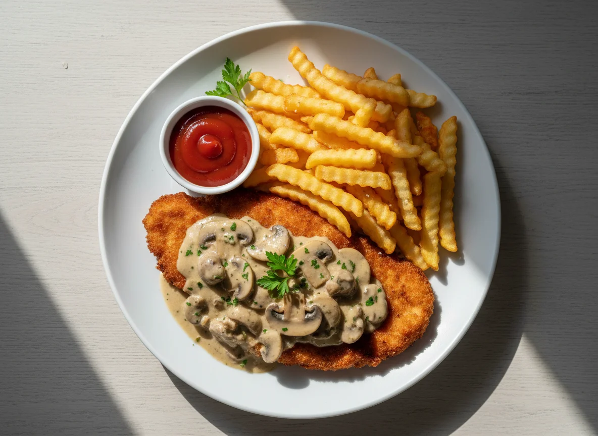 Jägerschnitzel mit Pommes Frites und Ketchup photo
