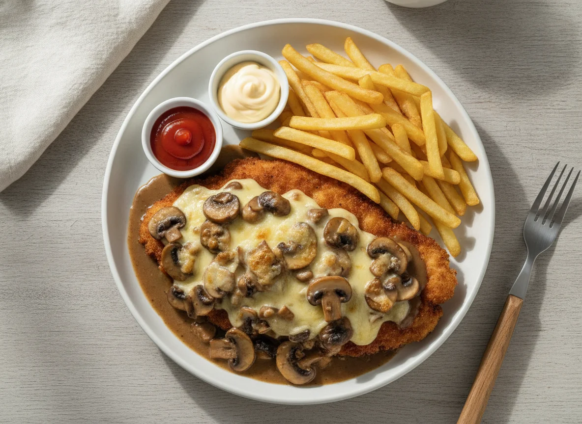 Jägerschnitzel mit Pommes Frites und Saucen photo