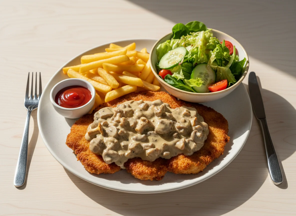 Jägerschnitzel mit Pommes und Beilagensalat photo