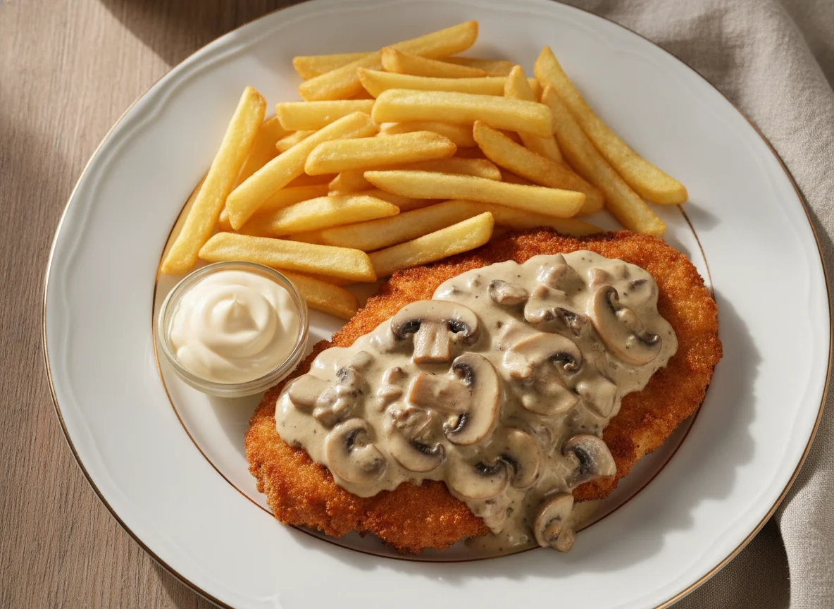 Jägerschnitzel mit Pommes und Mayonnaise photo