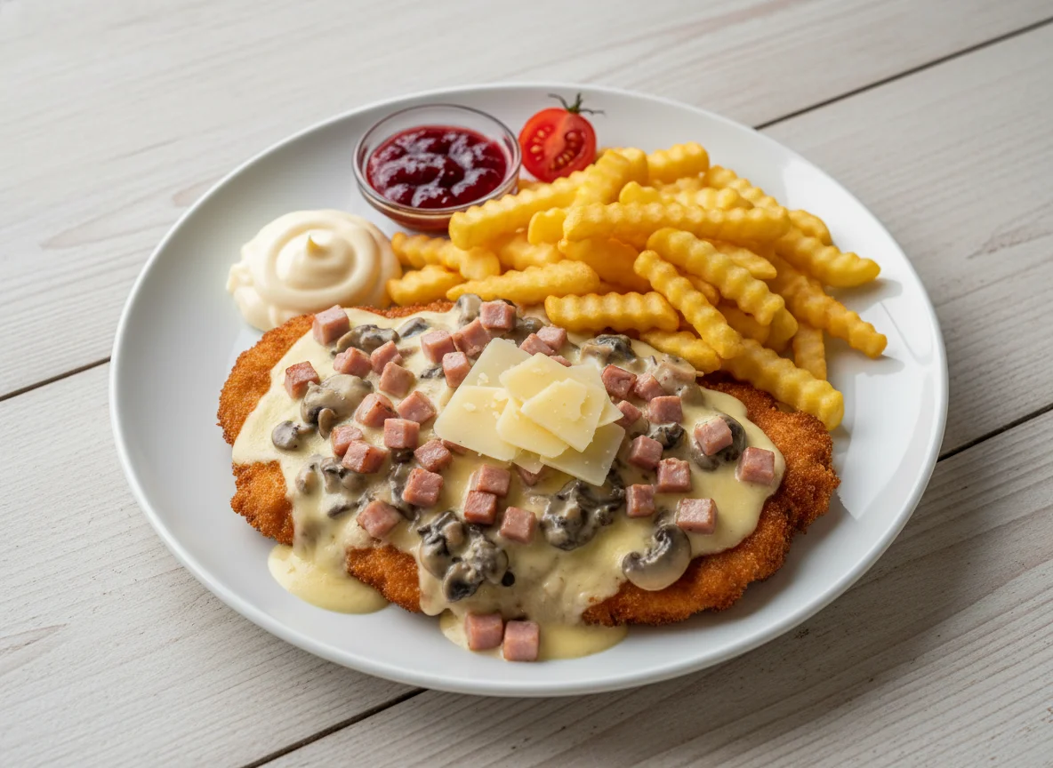 Jägerschnitzel mit Pommes und Preiselbeeren photo