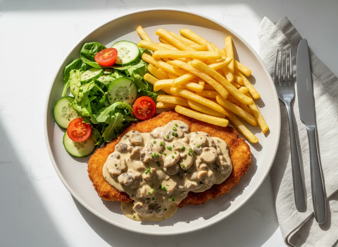 Jägerschnitzel mit Pommes und Salat photo